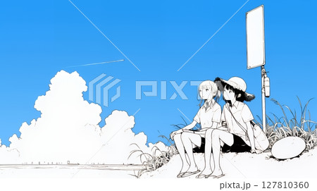 南国の海岸に友達と旅をしている若い女性（シンプルな色使い）