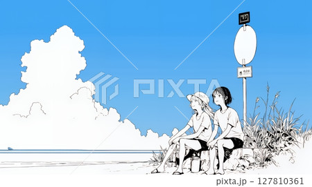 南国の海岸に友達と旅をしている若い女性（シンプルな色使い）