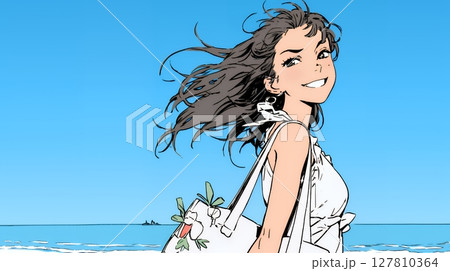 一人旅の若い女性と夏のビーチの風景（シンプルな色使い）