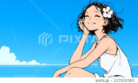 一人旅の若い女性と夏のビーチの風景（シンプルな色使い）
