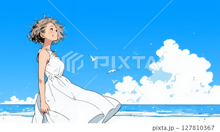 一人旅の若い女性と夏のビーチの風景（シンプルな色使い）