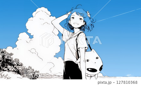 一人旅の若い女性と夏のビーチの風景（シンプルな色使い）