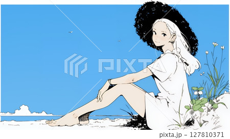 一人旅の若い女性と夏のビーチの風景（シンプルな色使い）