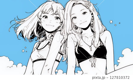 ビーチリゾートを満喫する若い女友達たち（シンプルな色使い）