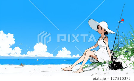 一人旅の若い女性と夏のビーチの風景（シンプルな色使い）