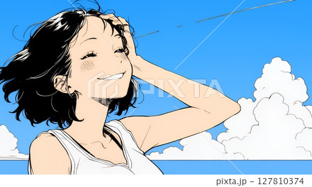 一人旅の若い女性と夏のビーチの風景（シンプルな色使い）