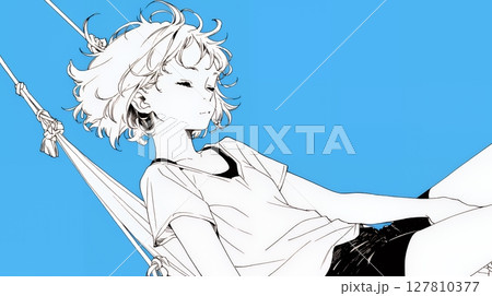 青い空と青い海とハンモックと若い女性（シンプルな色使い）