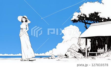 一人旅の若い女性と夏のビーチの風景（シンプルな色使い）