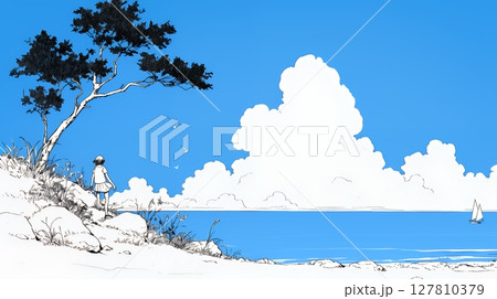 夏のビーチの風景（シンプルな色使い）