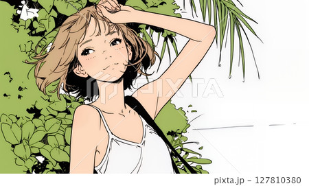 一人旅の若い女性と夏のビーチの風景（シンプルな色使い）
