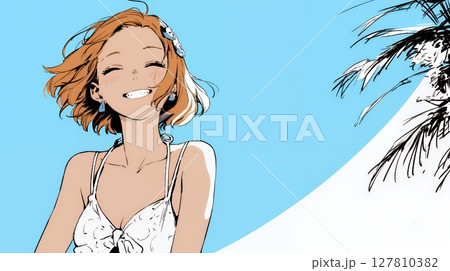 一人旅の若い女性と夏のビーチの風景（シンプルな色使い）