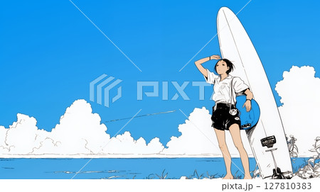 若い女性サーファーと夏のビーチの風景（シンプルな色使い）
