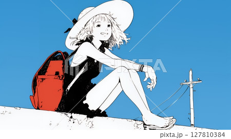 一人旅の若い女性と夏の海辺の風景（シンプルな色使い）