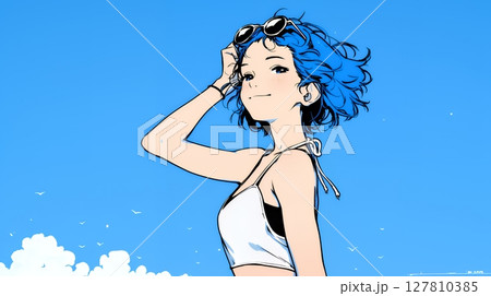 一人旅の若い女性と夏のビーチの風景（シンプルな色使い）