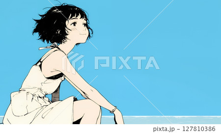 一人旅の若い女性と夏のビーチの風景（シンプルな色使い）