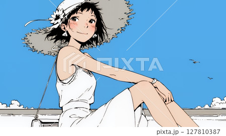 一人旅の若い女性と夏のビーチの風景（シンプルな色使い）