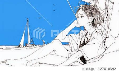 一人旅の若い女性と夏のビーチの風景（シンプルな色使い）