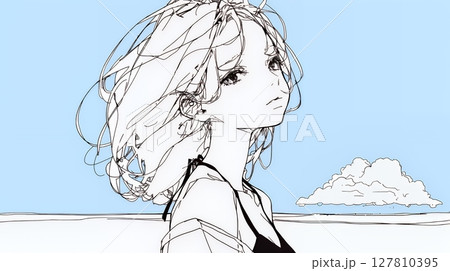 一人旅の若い女性と夏のビーチの風景（シンプルな色使い）