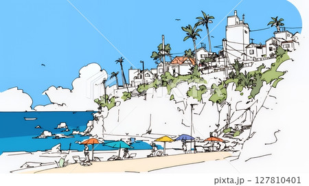 夏のビーチの風景（シンプルな色使い）