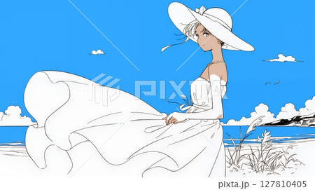 一人旅の若い女性と夏のビーチの風景（シンプルな色使い）