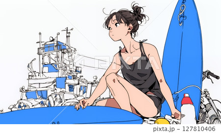 サーフボードを手入れしている若い女性（シンプルな色使い）
