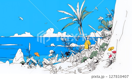 夏のビーチの風景（シンプルな色使い）