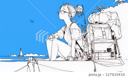一人旅の若い女性と夏のビーチの風景（シンプルな色使い）