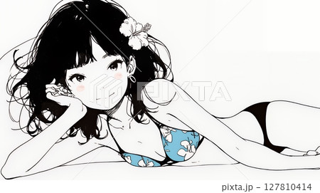 ビキニ姿の若い女性（シンプルな色使い）