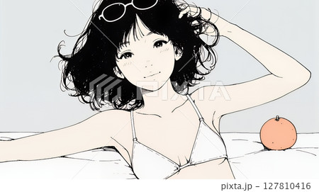 ビキニ姿の若い女性（シンプルな色使い）