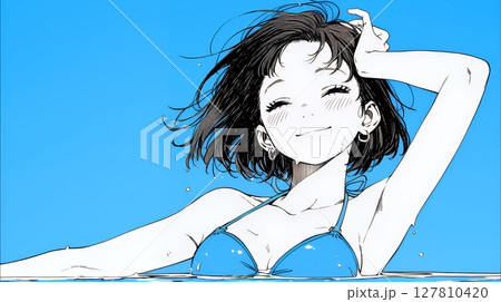 ビキニ姿の若い女性（シンプルな色使い）