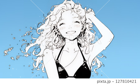 ビキニ姿の若い女性（シンプルな色使い）