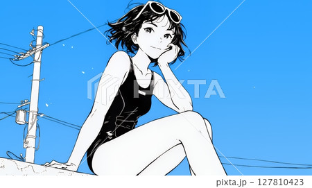 水着姿の若い女性（シンプルな色使い）