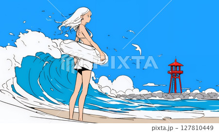 一人旅の若い女性と夏のビーチの風景（シンプルな色使い）