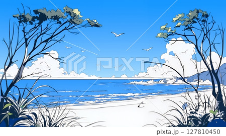 夏のビーチの風景（シンプルな色使い）