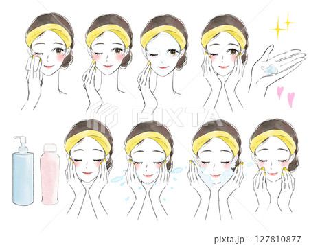 洗顔をする女性のイラストセット 洗顔をする女性のイラストセット 127810877