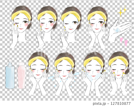 Illustration set of a woman washing her face 127810877
