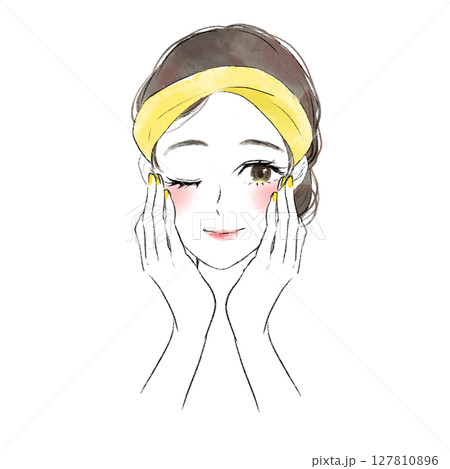 両手で頬を押さえ洗顔している女性のイラスト 127810896