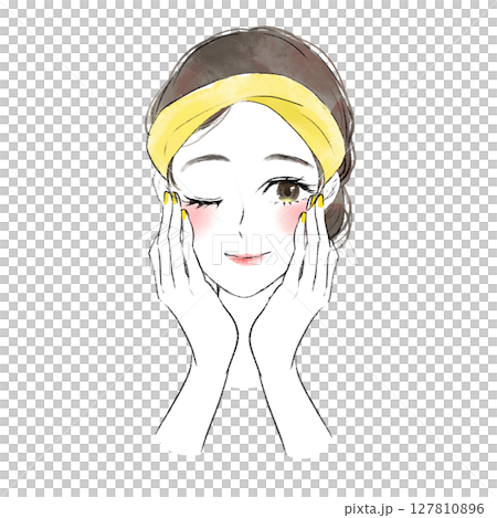 両手で頬を押さえ洗顔している女性のイラスト 127810896