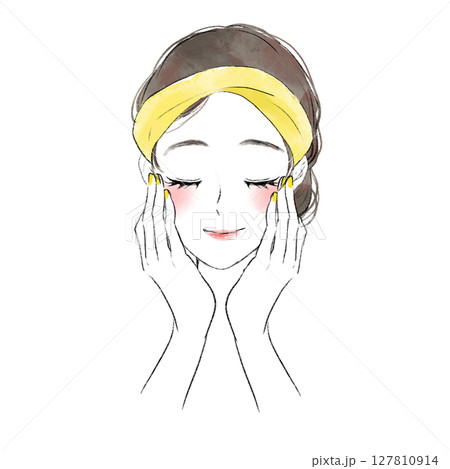 両手で頬を押さえ下を向いている女性のイラスト 両手で頬を押さえ下を向いている女性のイラスト 127810914