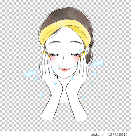 Illustration of a woman washing her face with water splashes Illustration of a woman washing her face with water splashes 127810915