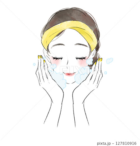 泡で優しく洗顔をしている女性のイラスト 127810916