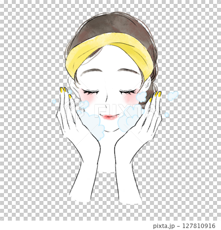 Illustration of a woman gently washing her face with foam Illustration of a woman gently washing her face with foam 127810916