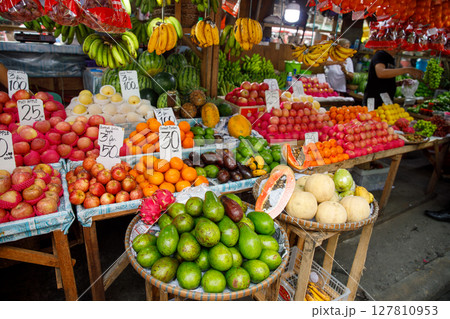 Colorful tropical fruits at public market stall in Philippines with price tags and fresh produce on display 127810953