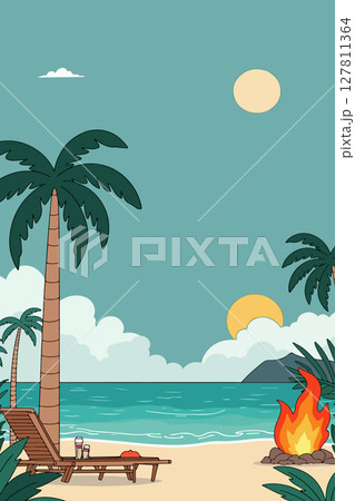 Beach Bonfire and Sailboat Illustration Beach Bonfire and Sailboat Illustration 127811364