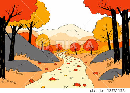 Autumn Landscape with River and Falling Leaves 127811384