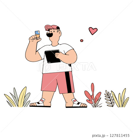 Man with Tablet and Drink in Garden Man with Tablet and Drink in Garden 127811455
