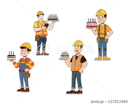 Construction Workers Celebrating Birthday with Cakes Construction Workers Celebrating Birthday with Cakes 127811480