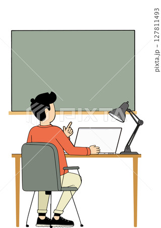 Cartoon Man Working at Desk with Laptop Cartoon Man Working at Desk with Laptop 127811493