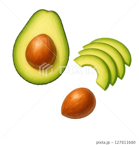 アボカドのハーフ＆スライスと種の切り抜きイラスト   127811680