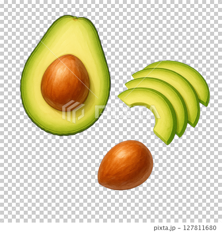 アボカドのハーフ＆スライスと種の切り抜きイラスト   127811680
